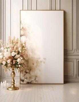 A gold framed white frame with a white background and a vase of flowers in it
