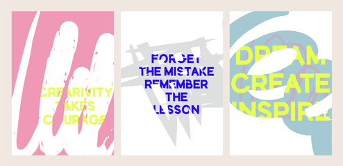 Collection of Trendy modern poster with Art inspiration quotes. Grunge poster. Wall art. Editable vector illustration.