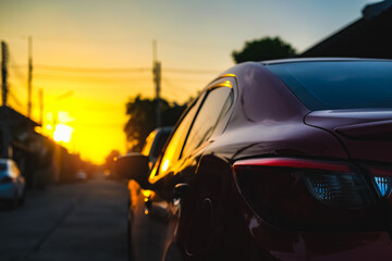 close up travel car on street automotive roadtrip on sunset background for transport, travel of...