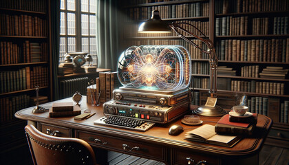 Vintage-inspired study room with futuristic convolutional neural network machine