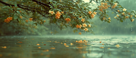a tree branch with yellow flowers in the rain