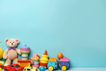 Cute bear doll, car, and train children's toy in the blue background with copyspace for text. School holiday background concept.