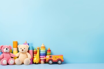 A teddy bear surrounded by toys on a blue background sets the scene for school holiday fun