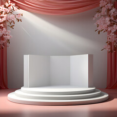 Podium with red curtains and spotlights, generative ai