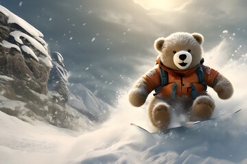 A teddy bear skiing in the snow. Generative AI