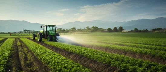 Gordijnen A green field with a tractor spraying crops, exemplifying modern farming practices © dwiadi14