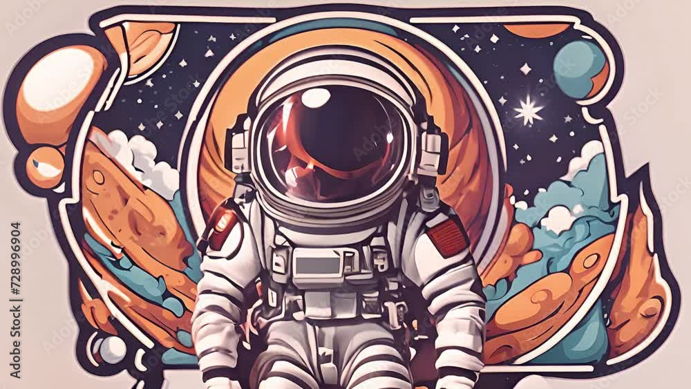 Wall mural retro vintage space man standing in front of a poster generative ai