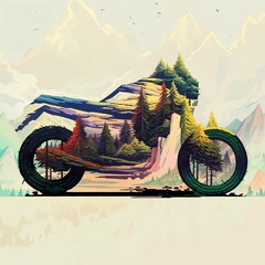 Double exposure of a motorcycle and landscape illustration