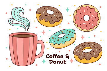 A cup of coffee and a set of donuts. Hand drawn. - 728996975