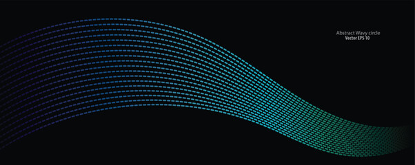 Flowing dot particles light wave pattern halftone blue and green gradient smooth curve shape isolated on black background. Vector in concept of technology, science, music, modern.