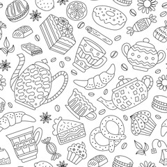 Seamless pattern with tea, coffee, pastries and sweets. Doodle style vector. - 728996988