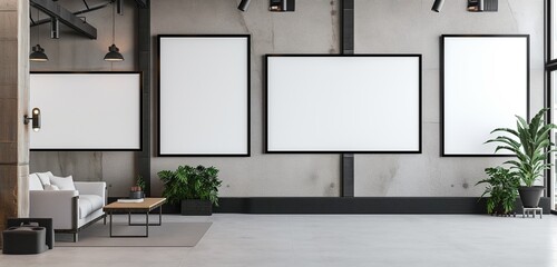 A series of empty frame mockups with a bold, black rubber border, creating a modern, industrial look in a loft space.