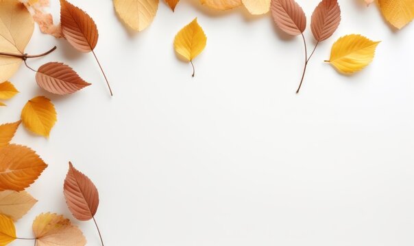 An arrangement of colorful autumn leaves forms a border frame, isolated on a white background