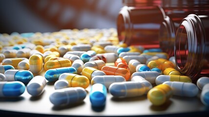 Vitamin and antibiotic medicines scattered on the table. Medical health care background concept. - obrazy, fototapety, plakaty