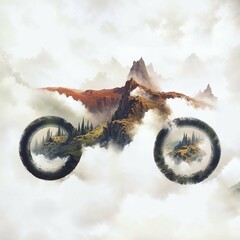 Double exposure of a motorcycle and landscape among clouds - illustration