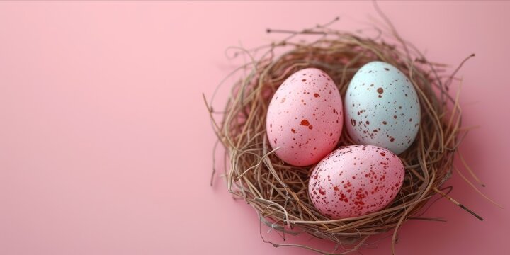 Pink eggs arranged to mimic peeking out from a nest rest on a pink blank empty background with copyspace area for text