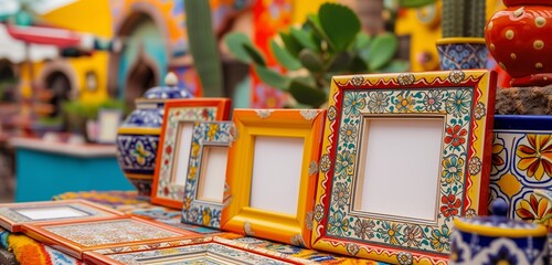 A series of empty frame mockups with a vibrant, Mexican Talavera tile border, arranged in a lively, colorful setting.