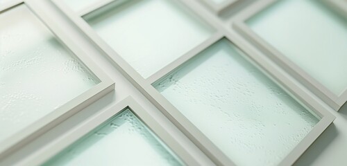 A series of empty frame mockups with a cool, frosted etched glass border, set against a light, airy backdrop.