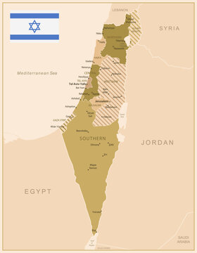 Israel - vintage map of the country in brown-green colors.