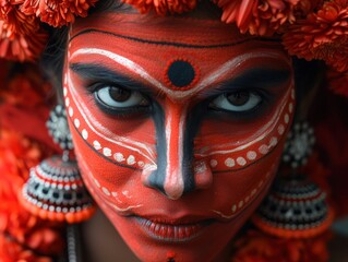 Makeup Theyyam ritual art from kerala. Theyyam traditional dance face on black background
