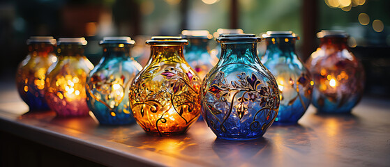 a many different colored vases lined up on a table