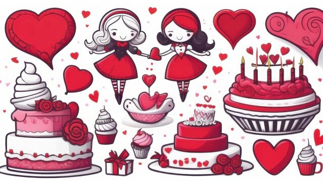 Set of elements for Valentine's Day. High quality photo Illustration, cake, heart, doll, gifts, all in red turquoise colors