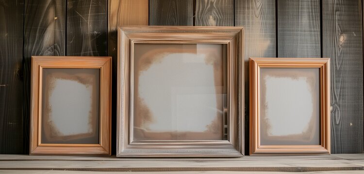 A set of empty frame mockups with a warm, amber-toned wood finish, complementing a cozy, rustic interior.