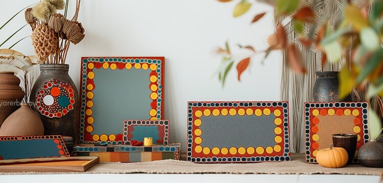 A set of empty frame mockups with a colorful, hand-painted Aboriginal dot art border, set in an ethnic-inspired space.