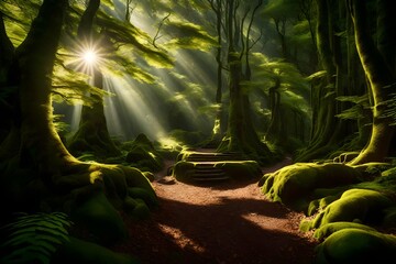 A winding mountain path leads to an ancient forest, sunlight filtering through dense canopies onto a mossy ground