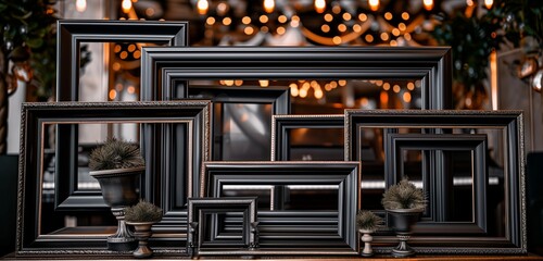 A set of empty frame mockups with a glossy, black piano lacquer finish, arranged in a sophisticated, music-themed space.