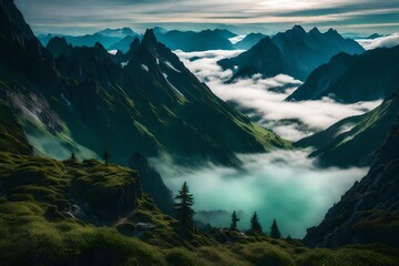 Naklejka na ściany i meble Misty green peaks rising above the clouds, as if touching the sky, with a serene alpine lake nestled in their shadows