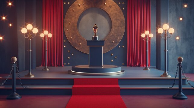 An awards ceremony stage with an empty podium mockup, a red carpet, and a backdrop for photos