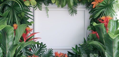 Fototapeta na wymiar An empty frame mockup with a vibrant, tropical foliage border, adding an exotic touch to a bright interior.