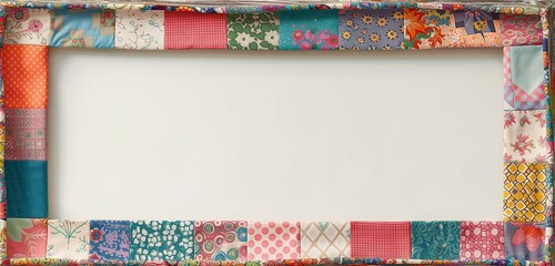 Fototapeta premium An empty frame mockup with a colorful, patchwork quilt border, adding homely charm to a cozy cottage.