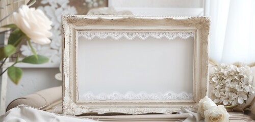 An empty frame mockup with a delicate, white lace border, adding a romantic touch to a shabby chic room.