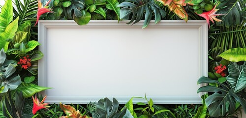 An empty frame mockup with a vibrant, tropical foliage border, adding an exotic touch to a bright interior. - obrazy, fototapety, plakaty