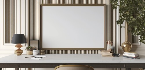 An empty frame mockup with a classic, pinstriped wool fabric border, adding a tailored, sophisticated touch to a study.