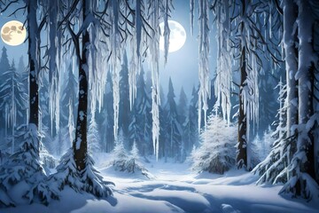 A serene, snow-covered forest where each tree is adorned with glistening icicles, and the whole scene is bathed in the soft light of a full moon