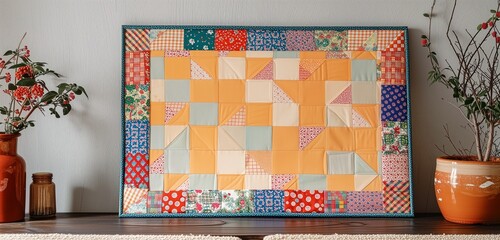 An empty frame mockup with a colorful, patchwork quilt border, adding homely charm to a cozy cottage.