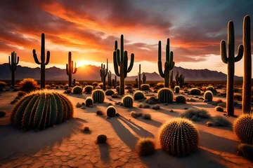 Rolgordijnen A surreal desert landscape with enormous, glowing cacti under a breathtaking sunset sky © Pareshy