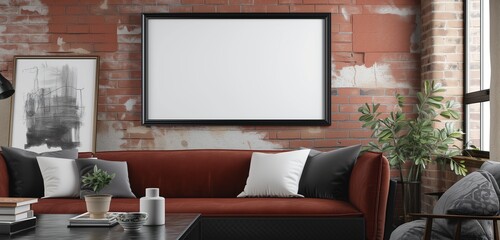 An empty frame mockup with a sleek, black leather border, adding a sophisticated, modern touch to an urban loft.