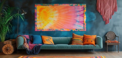 An empty frame mockup with a bright, tie-dye fabric border, adding a hippie, free-spirit vibe to a relaxed space.