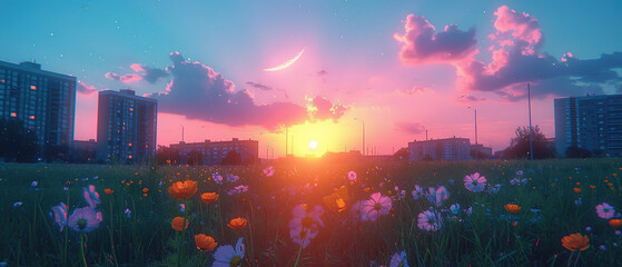 sunset over a field of flowers with buildings in the background