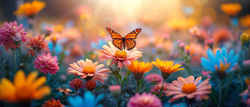 The monarch butterfly flies over the bright flowers of echinacea at sunset