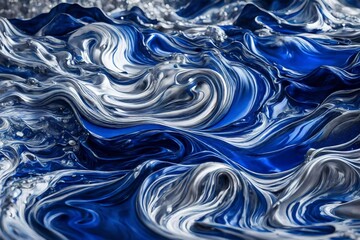 Glistening silver and royal blue liquids flowing in a regal and mesmerizing liquid symphony