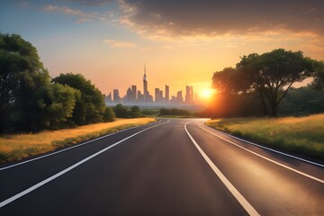 Fototapeta premium highway road and city skyline with buildings at sunset sky