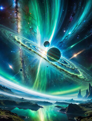 Cosmic Symphony - Unreal celestial dance with planetary rings, gamma-ray burst, and aurora borealis Gen AI - obrazy, fototapety, plakaty