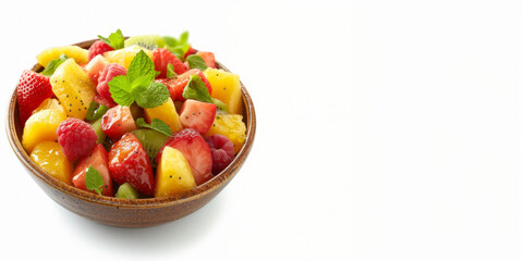 Fruit salad with juicy pieces of strawberries and mangoes decorated with fresh mint leaves, top view, on a white background, food photo. Concept: healthy lifestyle and natural nutrition, copy space