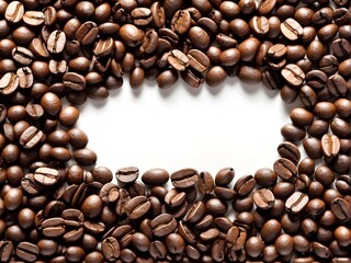 Roasted coffee beans on white background with copy space