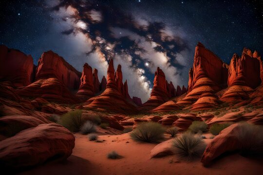 Deep within a desert canyon, towering red rock formations create a surreal, natural amphitheater under a starry night sky
